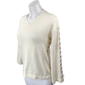 Charlie B Women's Cream White Knit Lace Up Long Sleeve V-Neck Sweater Top XS